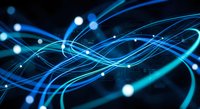 Glowing blue light trails and energy waves flowing through dark space with bright luminous points creating futuristic digital network visualization.