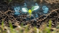 Young green plant seedling emerging from rich dark soil with digital agriculture technology icons overlay showing smart farming and precision cultivation concepts.