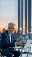 Smiling senior Caucasian businessman in suit working on laptop with glowing digital technology icons in modern office at sunset.