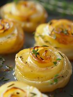 Golden roasted onion roses with fresh herbs on baking sheet, caramelized vegetable side dish for gourmet cooking and healthy meal preparation.