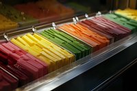 Colorful array of fresh fruit popsicles arranged in neat rows showing vibrant yellow, green, orange and red frozen treats in commercial display case.