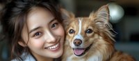 Young Asian woman and Shetland Sheepdog puppy smiling at camera in close-up panoramic shot, showing joy and companionship between pet owner and furry friend.