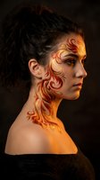 Young woman with intricate fire flame body paint design on face and neck in profile view against dark background for fantasy makeup artistry concepts.