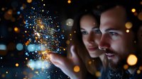 Young couple exploring digital innovation with glowing data particles and bokeh lights creating magical technology atmosphere for modern concepts.