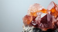 Vibrant pink and orange fluorite crystal cluster formation on gray stone background showcases natural geometric shapes and light reflection in mineralogy specimen.