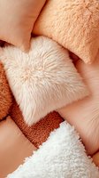 Cozy peach and white decorative pillows with different textures including faux fur, sherpa, and boucle create soft layered composition for interior design.