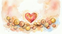 Watercolor heart surrounded by golden coins, soft pastel tones, charity donation and financial love concept for cards, prints, and web.