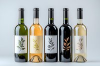 Wine bottles with minimalist botanical labels arranged in row showing variety of wines - white, rose, and red - on light background for wine branding and packaging design.