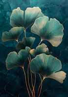 Elegant ginkgo leaves in teal and gold tones against dark textured background create luxurious botanical art composition for modern interior decor.