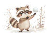 Cute raccoon character waving hello with striped tail in watercolor style on white background for children designs and nursery decor.