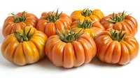 Fresh ripe orange heirloom tomatoes with green stems arranged in group on white background, isolated organic produce for healthy cooking and food design.