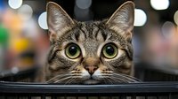 Curious tabby cat with bright green eyes peering over edge of container against blurred bokeh background, showing playful and alert expression in close-up portrait.