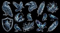 Dark blue raven clipart set isolated on transparent background, featuring birds, feathers, crescent moon, and shield. Ready for stickers, t-shirt design, and print on demand.