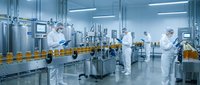 Modern pharmaceutical manufacturing facility with workers in protective suits operating automated bottling equipment for sterile production processes.