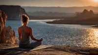 Young woman practicing yoga meditation on cliff overlooking ocean at golden sunset. Peaceful mindfulness wellness lifestyle concept for relaxation and mental health.