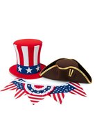 Patriotic costume accessories set featuring red, white and blue striped top hat with stars, colonial tricorn hat, and decorative bunting garland. Isolated on white background, ready for design use.