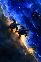 Silhouettes of sea turtles swimming through magical starry night sky with glowing golden path and deep blue cosmic clouds, fantasy underwater scene.