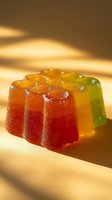 Colorful gummy candy with red, orange, and green segments glistening with sugar coating on warm beige background with soft shadows for confectionery advertising.