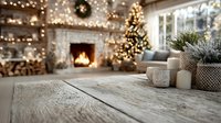 Cozy Christmas interior with rustic wooden table, fireplace, decorated tree, and warm holiday lights creating festive atmosphere.