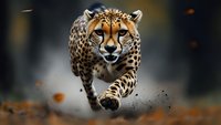 Majestic cheetah running at high speed with intense focus, kicking up dust and debris while hunting. Spotted wild cat in motion against dark atmospheric background.