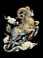 Ornate decorative goat with intricate blue, orange, and gold patterns, leaping dynamically with flowing mane and tail. Isolated on transparent background, ready for t-shirts, stickers, clipart, and print-on-demand designs.