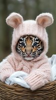 Baby tiger cub wearing pink knitted sweater with ears sits in wicker basket with white blanket. Adorable wildlife portrait against blurred forest background.