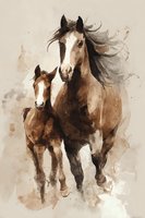 Watercolor painting of mare and foal running together, flowing manes catching wind against neutral beige background.