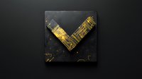 Futuristic gold circuit pattern forming letter V on dark textured background with tech elements. Modern minimal design for technology branding.