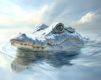 Close-up view of an alligator head emerging from calm blue water, showing detailed scales, teeth, and piercing eye while creating ripples on surface. Great for wildlife themes.