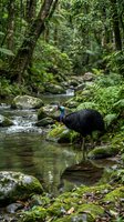 Southern cassowary bird standing by rocky stream in lush tropical rainforest with ferns and moss-covered stones creating serene wildlife habitat scene.