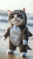Adorable cat wearing shark costume standing on beach at sunset. White and grey domestic cat in plush outfit with hood featuring teeth detail and fins.