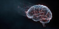 Digital brain model with glowing red neural connections on dark background, representing artificial intelligence and cognitive science concepts.