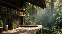 Rustic wooden cabin interior with herb jars on shelves, sunlight streaming through forest trees creating atmospheric woodland scene.