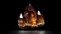 Smoky quartz crystal cluster with multiple points glowing against dark background, natural mineral specimen displaying rich brown translucent hues and geometric formations.