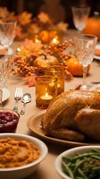 Elegant Thanksgiving dinner table with roasted turkey, side dishes, crystal glasses, candles and autumn decorations creating warm festive atmosphere.