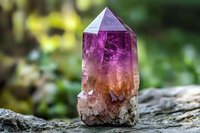 Natural ametrine crystal point displaying vibrant purple and golden hues, raw mineral specimen on stone with blurred forest background, healing stone formation.