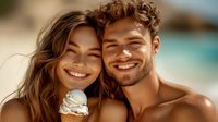 Young mixed race couple enjoying ice cream cone at beach, close up portrait with genuine smiles and warm sunlight, romantic summer mood.