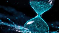 Digital hourglass with glowing binary code particles flowing through glass on dark background, representing time and data flow in modern technology era.