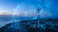 Wind turbine with digital technology overlay showing data analytics and renewable energy innovation against sunset sky backdrop.