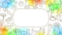 Watercolor dog breeds frame with paw prints and pet accessories creating decorative border around blank white space for text or design elements.
