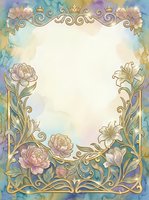 Elegant art nouveau floral frame with gold ornaments, peonies, lilies, crowns, and pastel watercolor background with copy space.