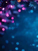 Magical holiday bokeh lights in pink and blue tones with pine branches silhouette creating dreamy Christmas atmosphere. Perfect for festive season designs.
