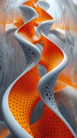 Abstract wavy perforated structure in white and orange colors creating dynamic flowing composition with dots and gradients against textured background.