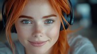 Young redhead woman with blue eyes and freckles smiling at camera in soft natural lighting for lifestyle and beauty content.