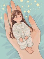 Sweet Asian girl in white pajamas sitting in giant protective hand surrounded by twinkling stars on mint green background, gentle children illustration style.