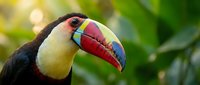 Colorful toucan bird with vibrant red yellow beak in tropical rainforest environment. Exotic wildlife portrait showcasing natural beauty and biodiversity.