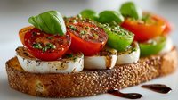 Fresh caprese bruschetta with mozzarella, cherry tomatoes and basil on artisan bread drizzled with balsamic glaze for gourmet appetizer presentation.