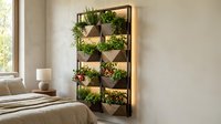 Modern vertical garden wall planter with herbs and plants in wooden frame, perfect for indoor gardening and home decor in contemporary living space.