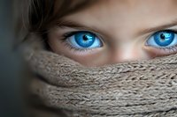 Striking bright blue eyes peering intensely above warm beige knitted scarf, creating dramatic contrast and mysterious atmosphere in artistic portrait photography.