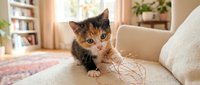 Tabby and white kitten sitting on beige sofa with yarn toy in bright living room with bookshelves and plants, playful pet scene.